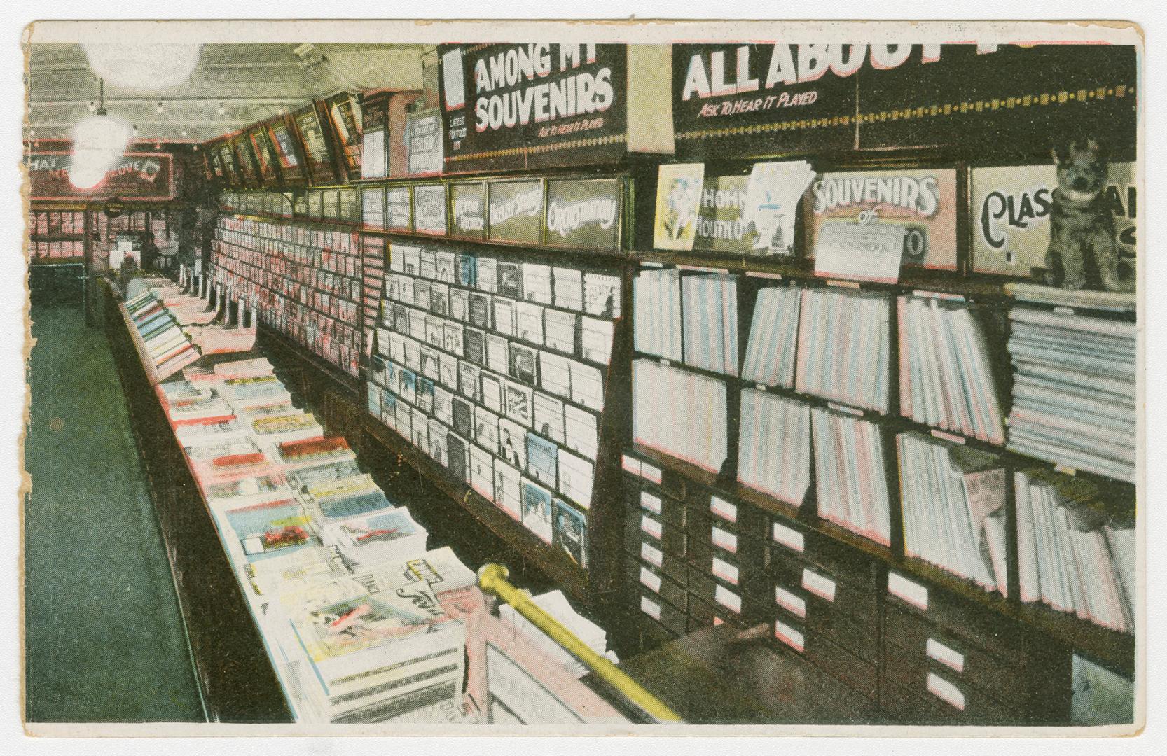 Colorized photograph of a store interior with counters and showcases.