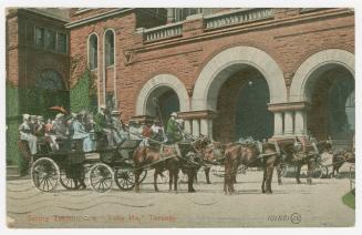 Colorized photograph of a horse drawn stage coach in front of a Richardsonian Romanesque doorwa…