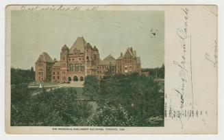 Colorized photograph a large government building in the Ricardsonian Romanesque style.