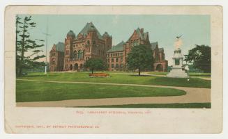 Colorized photograph a large government building in the Ricardsonian Romanesque style.