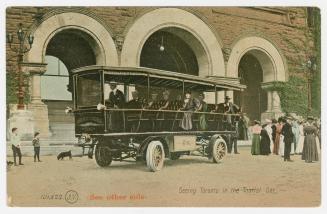 Colorized photograph of a horse drawn stage coach in front of a Richardsonian Romanesque doorwa…