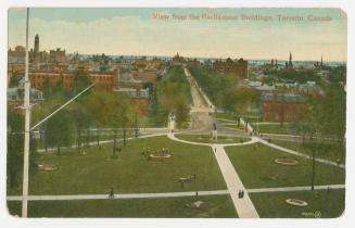 Colorized photograph of people walking along pathways in a large urban park.