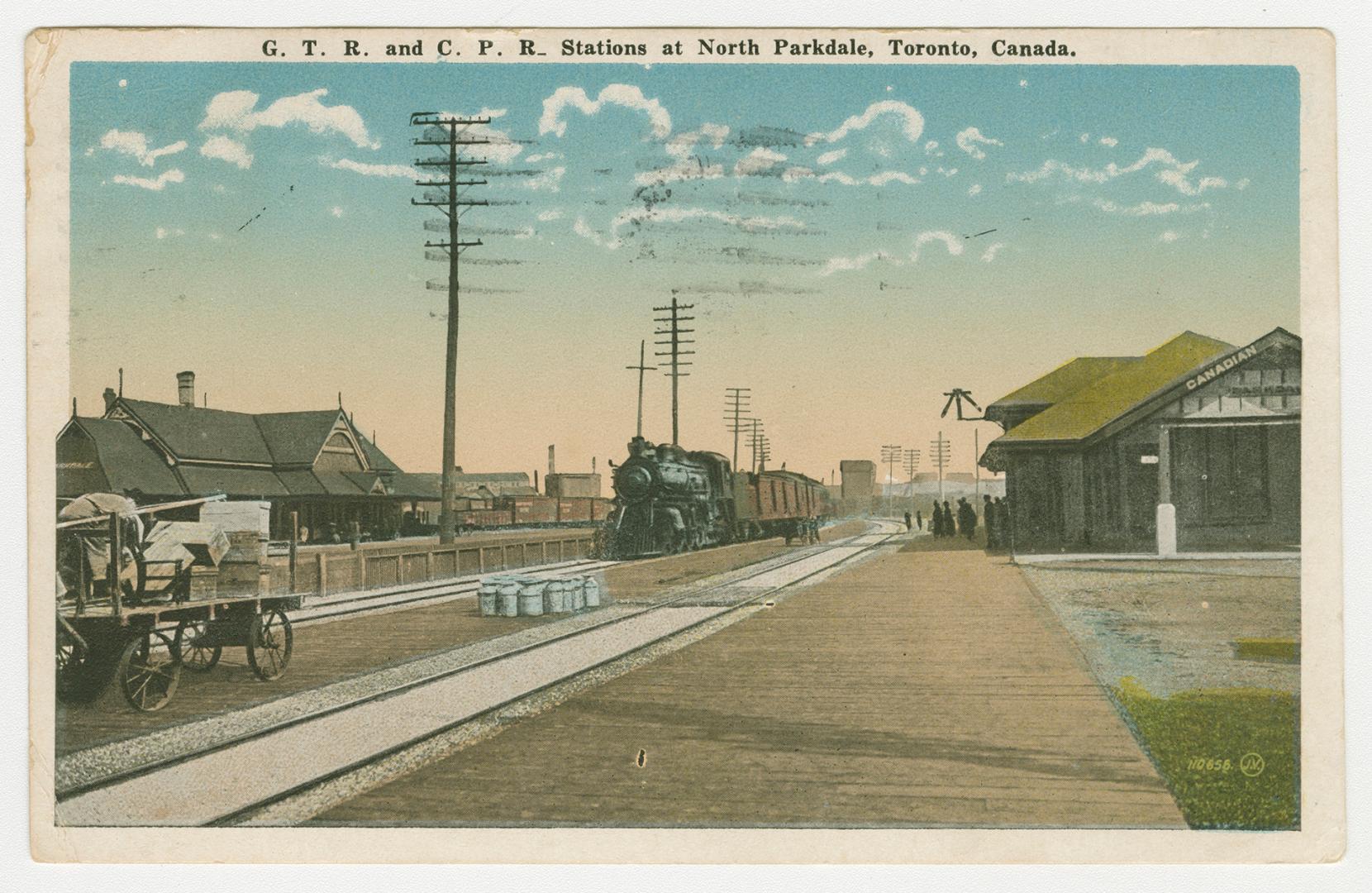 Colour postcard depicting an illustration of a railway yard with caption, "G.T.R. and C.P.R. St…