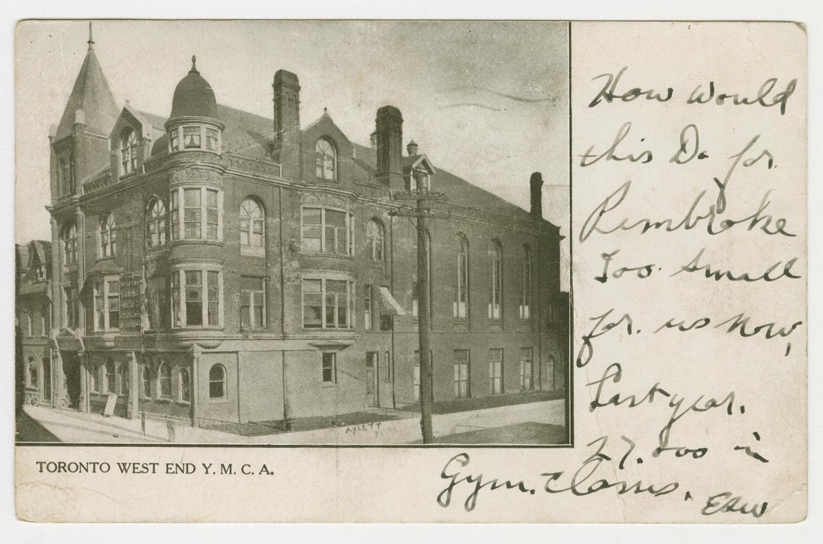 B/W Postcard depicting a photo of the a building with caption, "Toronto West End Y.M.C.A.". The…