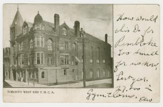 B/W Postcard depicting a photo of the a building with caption, "Toronto West End Y.M.C.A.". The…