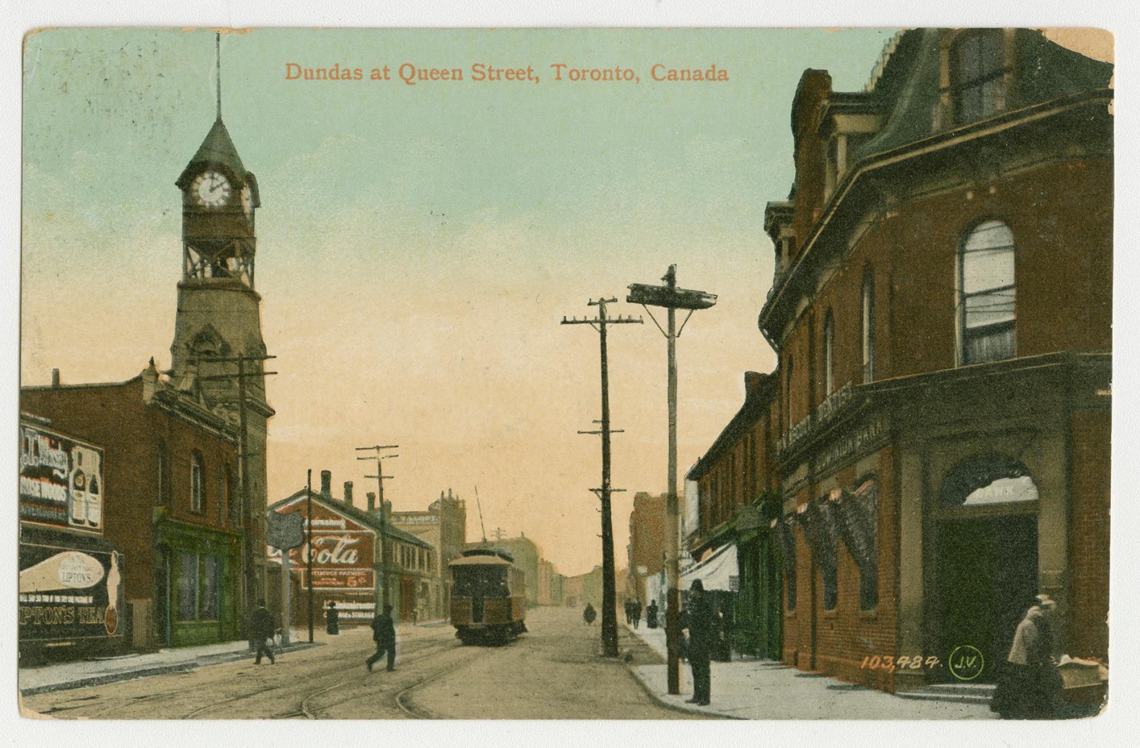 Colour postcard depicting a photo of Dundas and Queen Streets around 1910, with caption, "Dunda…