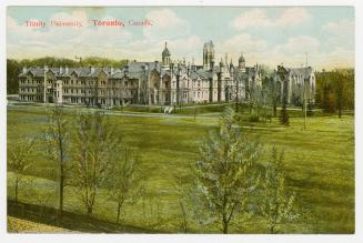 Colour postcard depicting a photo of Trinity University and surrounding lawns, with caption, "T…