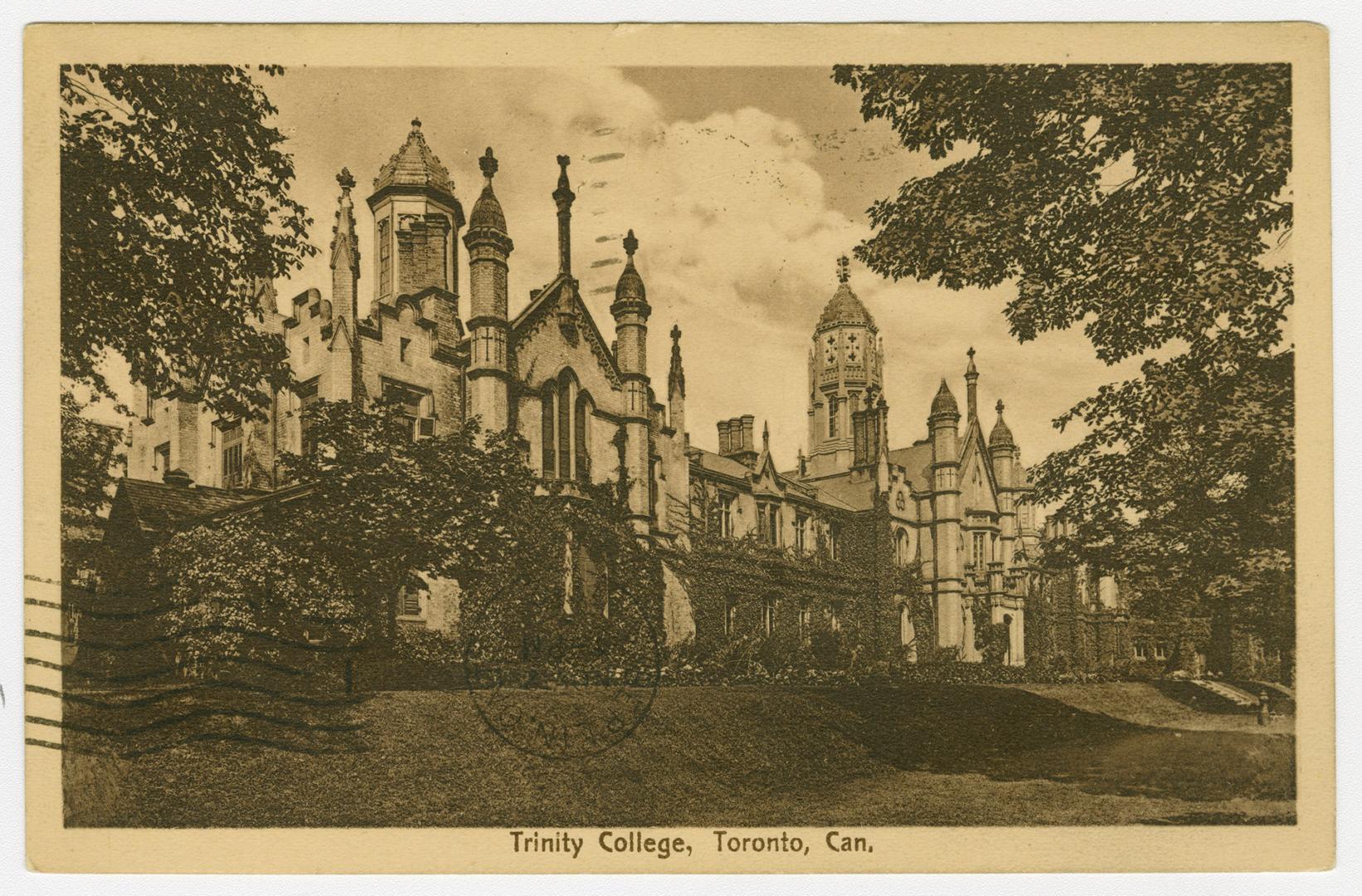 Sepia-toned postcard depicting a photo of the exterior of Trinity College, with caption, "Trini…