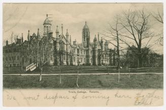 Sepia-toned postcard depicting a photo of the exterior of Trinity College, with caption, "Trini…