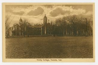 Sepia-toned postcard depicting a photo of the exterior of Trinity College, with caption, "Trini…