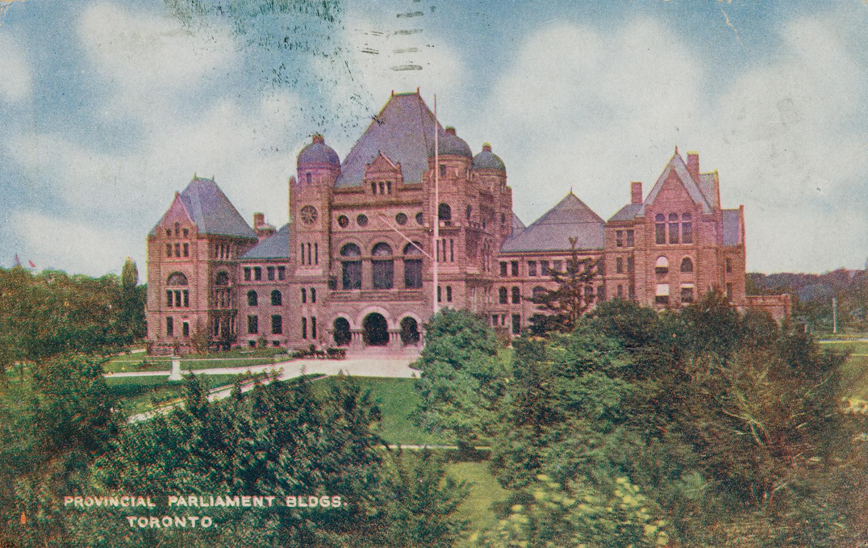  Colorized picture of an urban park with a huge Richard Romanesque building in the background.