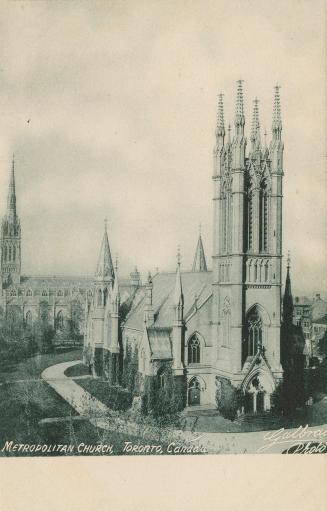 B/W postcard depicting a photo of the exterior of the Metropolitan Church with caption, "Metrop…