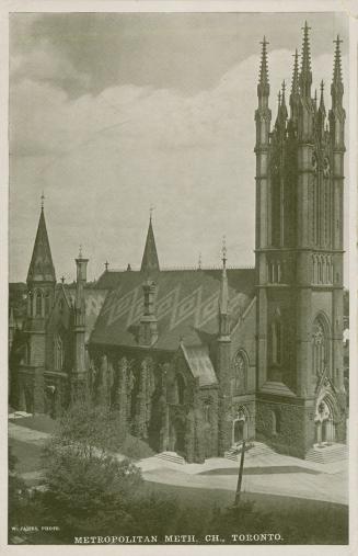 B/W postcard depicting a photo of the exterior of the Metropolitan Church with caption, "Metrop…