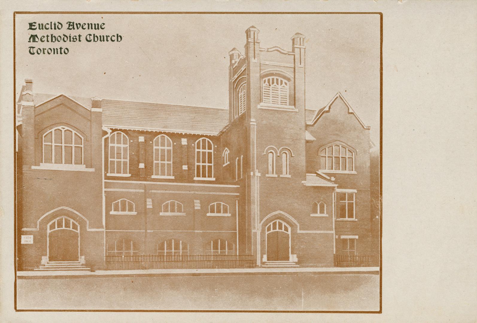 B/W postcard depicting a photo of the exterior of the Euclid Avenue Methodist Church with capti ...