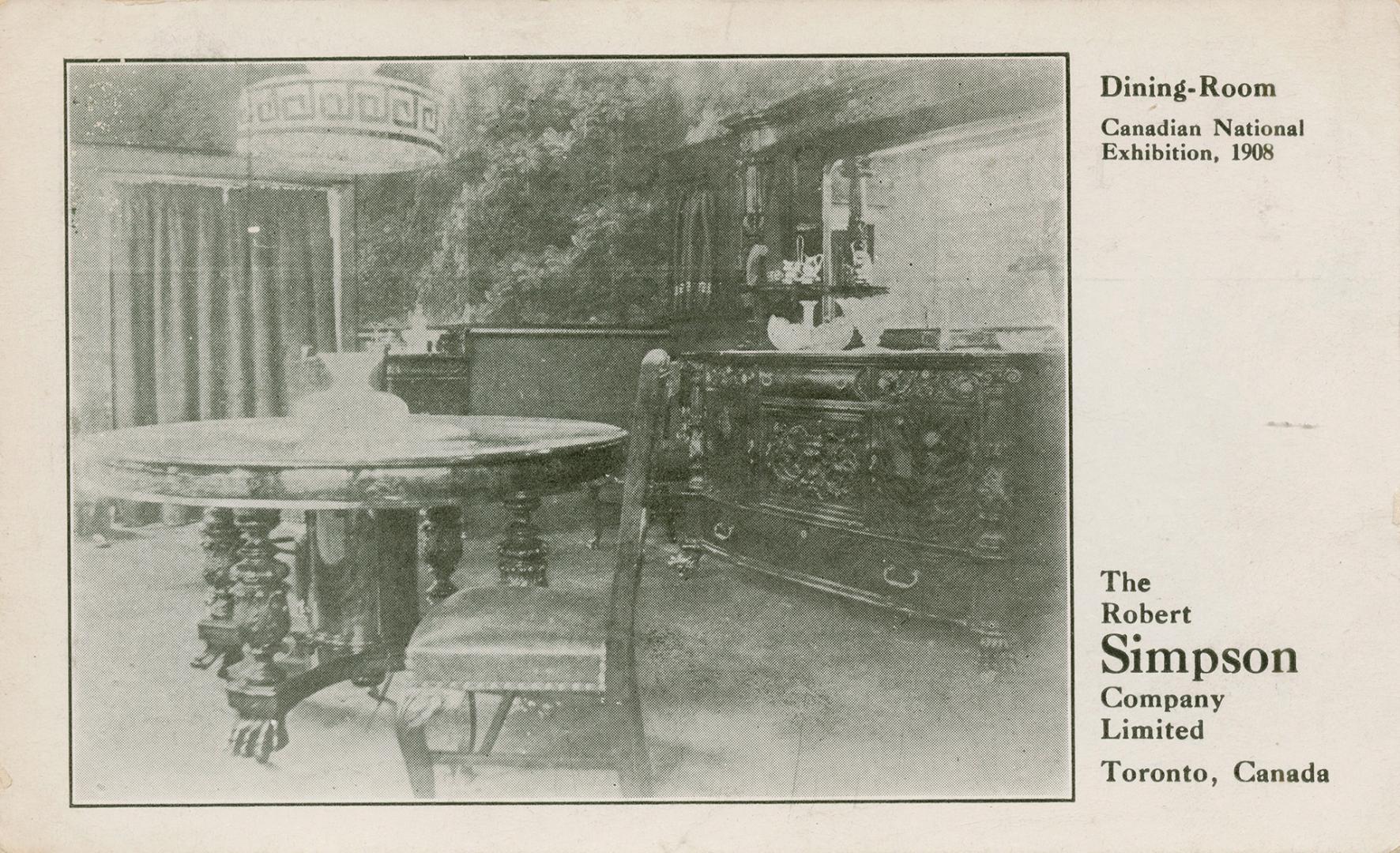 B/W postcard depicting a photo of a dining room on display at the Canadian National Exposition …