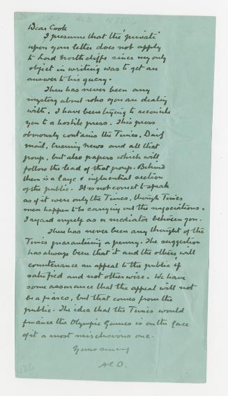 Manuscript letter in Arthur Conan Doyle's handwriting.