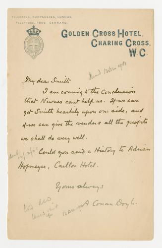 Manuscript letter in Arthur Conan Doyle's handwriting. 