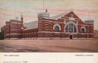 Colorized photograph of a very large Romanesque Revival, castle-like structure. 