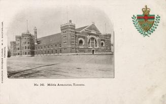 Black and white photograph of a very large Romanesque Revival, castle-like structure. White bor ...