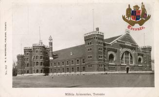 Black and white photograph of a very large Romanesque Revival, castle-like structure. White bor ...