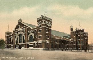 Colorized photograph of a very large Romanesque Revival, castle-like structure. 