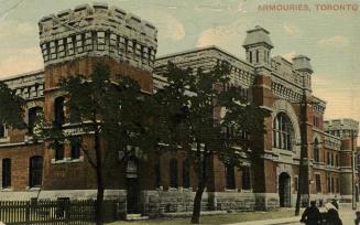 Colorized photograph of a very large Romanesque Revival, castle-like structure.