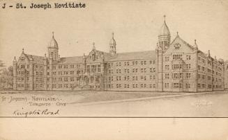 Sepia-toned postcard depicting a photo of the exterior of the St. Joseph's Novitiate building w…