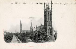 B/W postcard depicting a photo of the exterior of the Metropolitan Church as well as St. Michae…