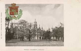 Colour postcard depicting a photo of the exterior of Trinity University and surrounding land, w…