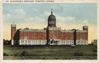 Colour postcard depicting a photo of the exterior of St. Augustine's seminary, with caption, "S…