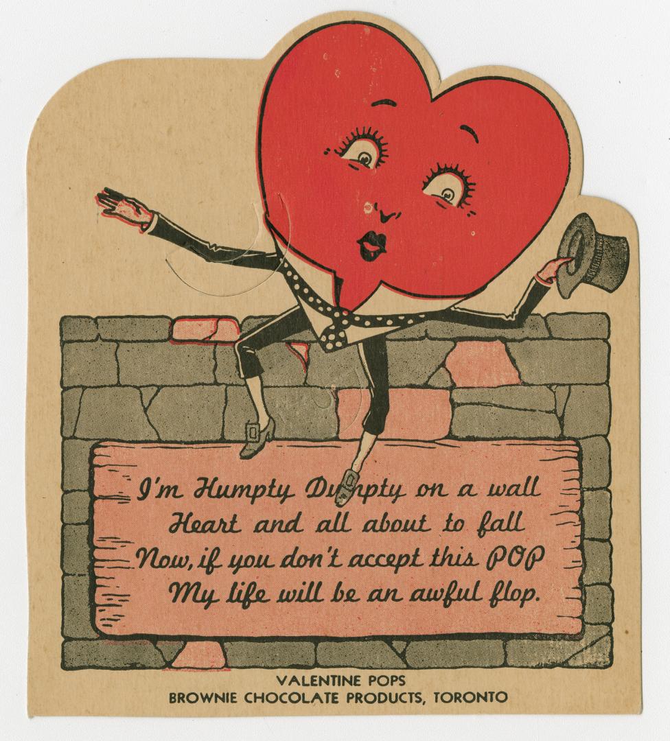 A red heart with facial features and limbs sits precariously on a wall. A rhyming verse below a…