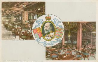 Two colorized photographs of the interior of a restaurant. King Edward VII photograph and shiel…