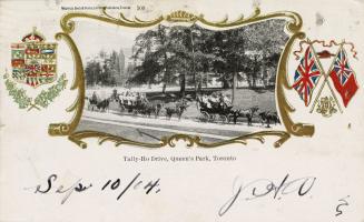 Picture of horse drawn carriages full of people in a border with Ontario flags and crests. 