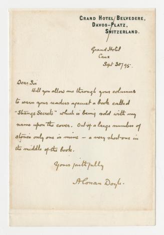 Manuscript letter in Arthur Conan Doyle's handwriting. 