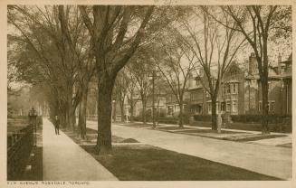 Sepia-toned postcard depicting a street in Rosedale, with a man standing on the sidewalk across…