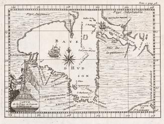 The map cartouche is an illustration of the bow of a ship with a large flag, and two sailors. A…