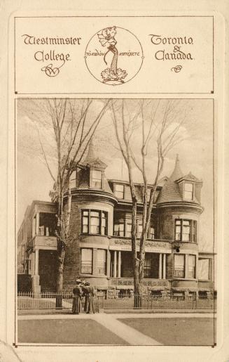 Sepia toned photograph of a very large Victorian building complex. Three girls standing in fron…