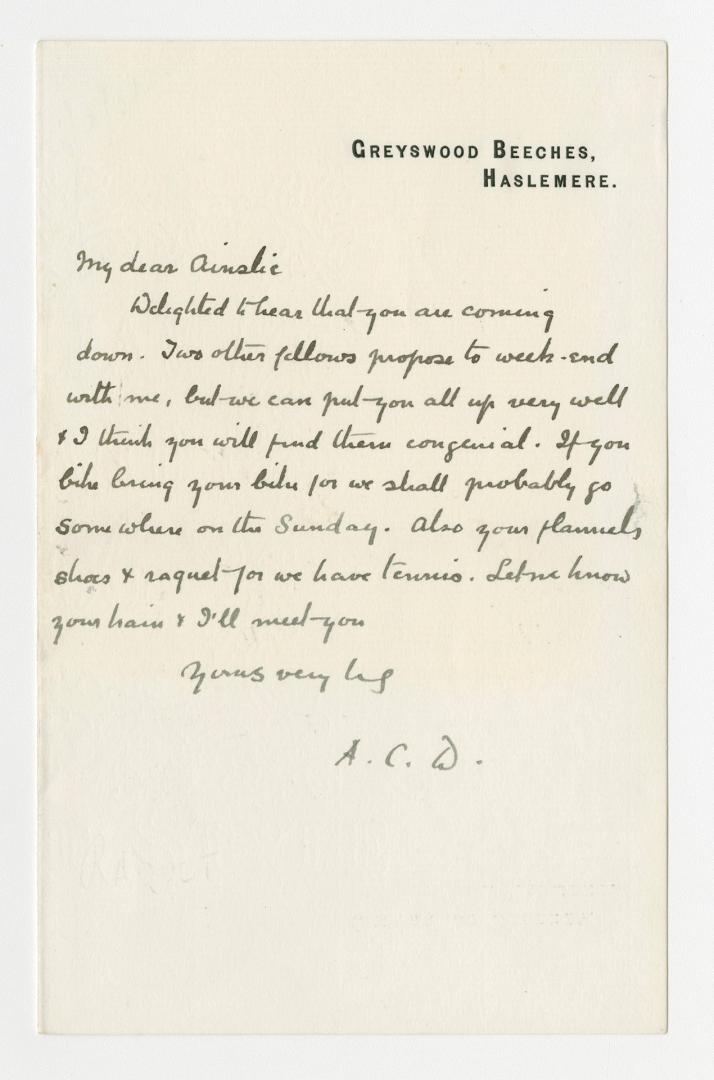 Manuscript letter in Arthur Conan Doyle's handwriting. 