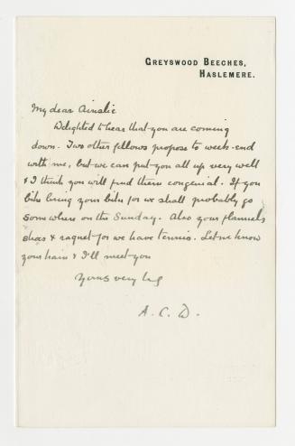 Manuscript letter in Arthur Conan Doyle's handwriting. 