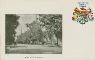 Black and white photograph of a city street bordered by large houses and trees. Coat of arms in…