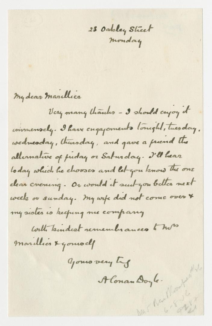 Manuscript letter in Arthur Conan Doyle's handwriting. 