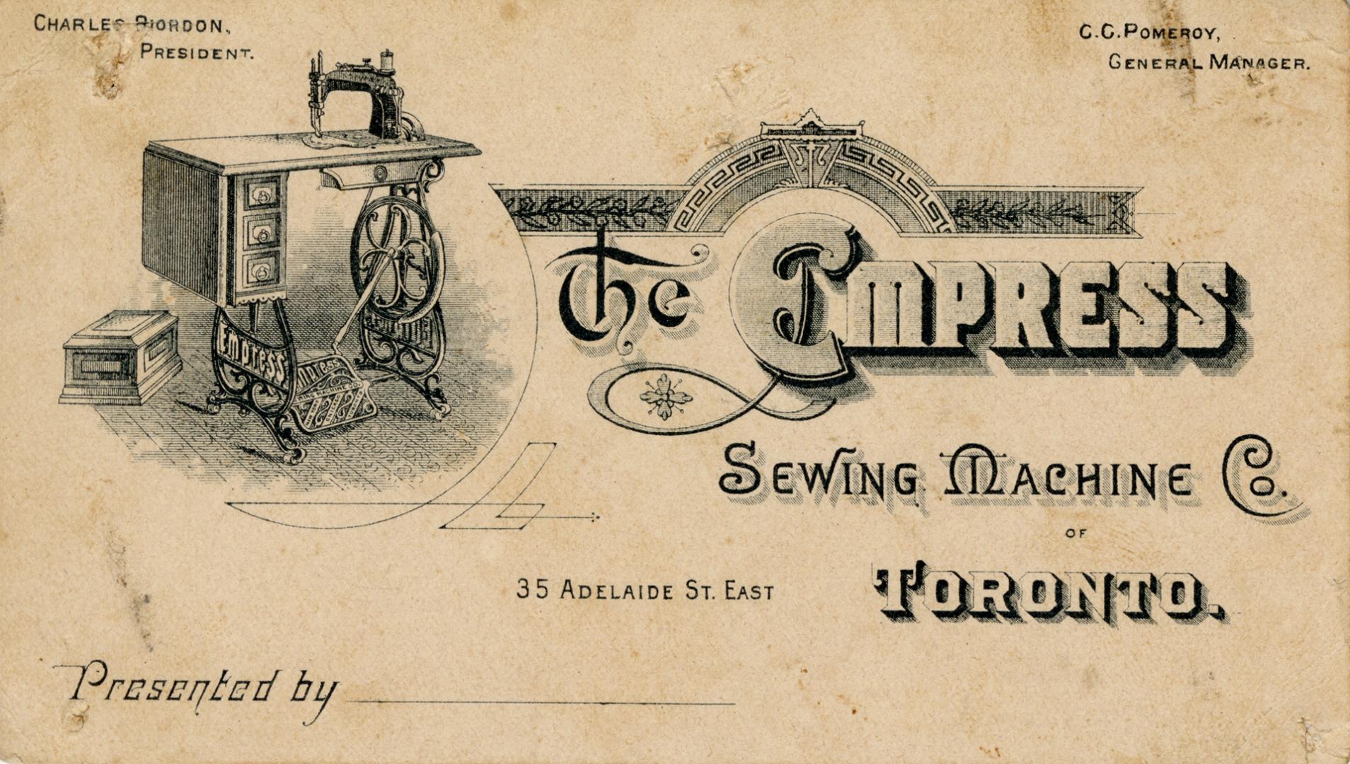 Business card for The Empress Sewing Machine Company. Features an illustration of a sewing mach…