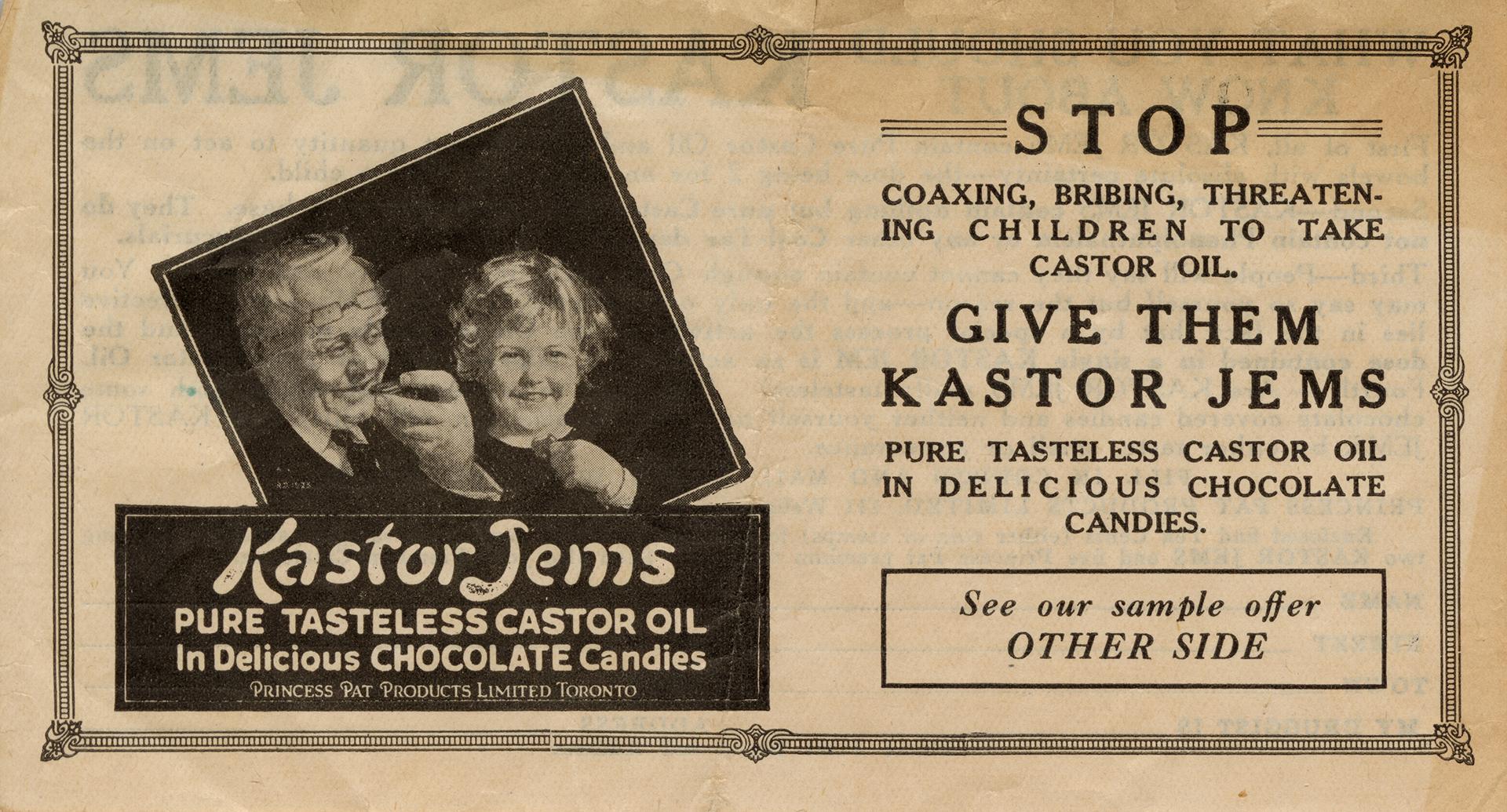 Promotional leaflet for Kastor Jems chocolate candies. Features an illustration of a father and…