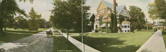 Picture of a three storey brick house with awnings on windows on treed street. 