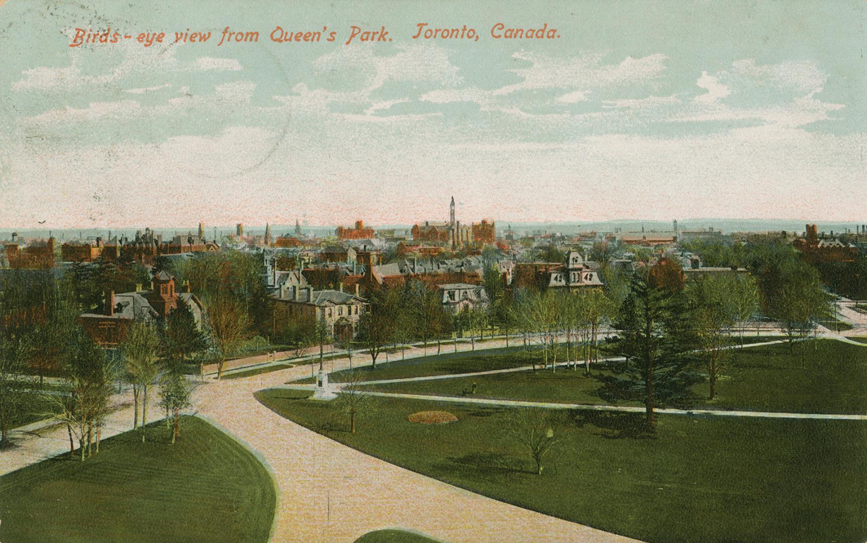 Bird's eye view of park and houses and buildings. 