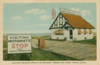 Colorized photograph of a white frame information both beside a plank sidewalk in front of a la…