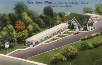 Colour postcard depicting an aerial illustrated view of a motel on the lakeshore, with caption …