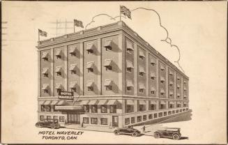 Sepia-toned postcard depicting an illustration of a hotel with cars out front and the British f…