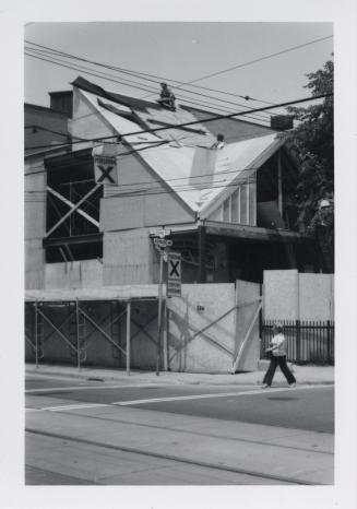 Photo of construction of library building addition. 