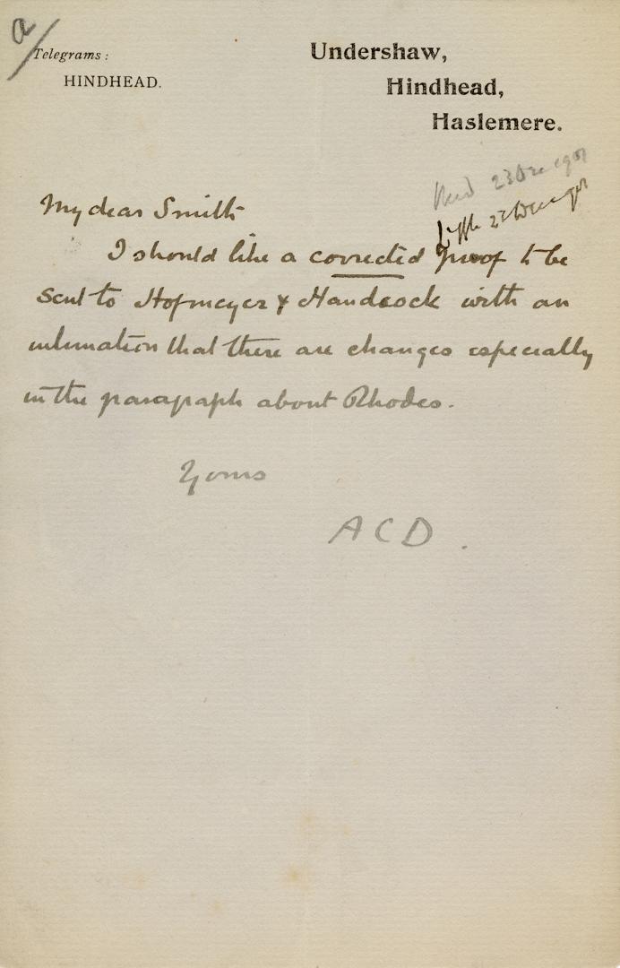 Manuscript letter in Arthur Conan Doyle's handwriting. 